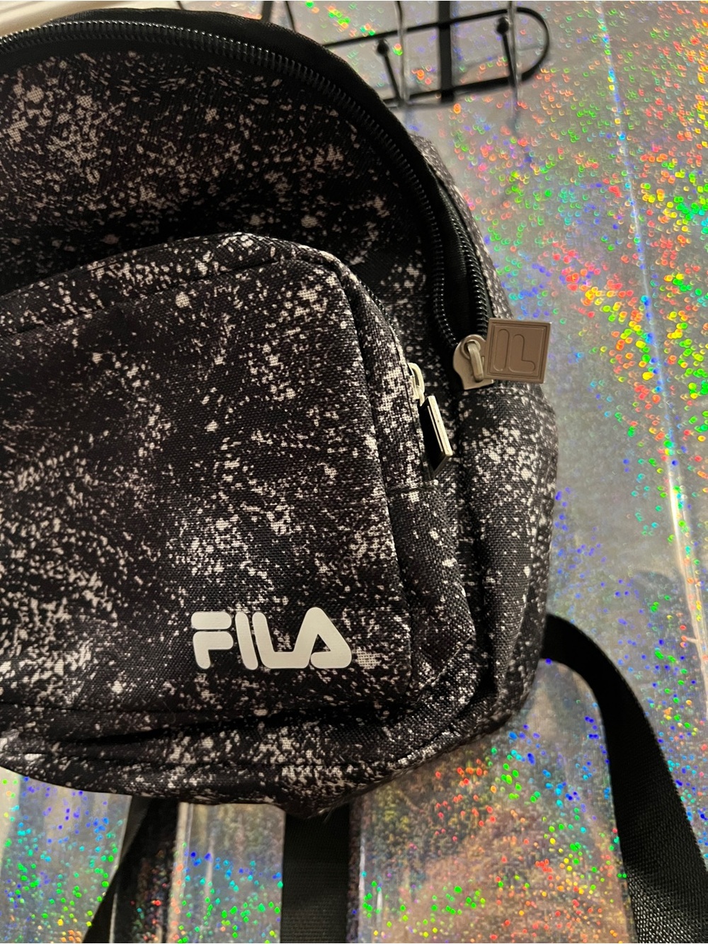 FILA Mini Backpack Black Splatter Print Small Travel Bag Adjustable Straps - Picture 2 of 8